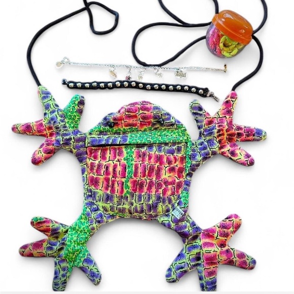 Assorted y2k items: frog purse, neon hair ties, and silver charm bracelets - Picture 2 of 7